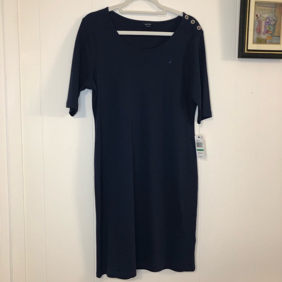 Nautica NWT Navy Short Sleeve Cotton Shift Dress with Shoulder Buttons Large